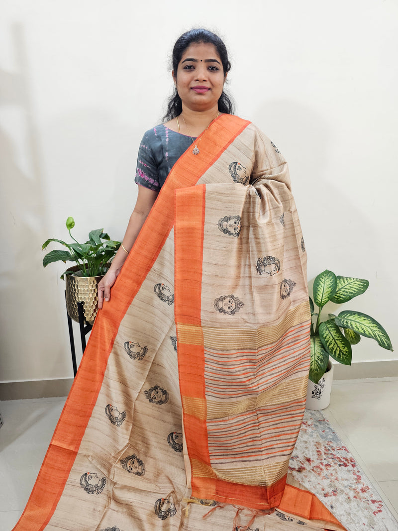 Semi Ghicha Digital Printed Saree - Cream with Orange