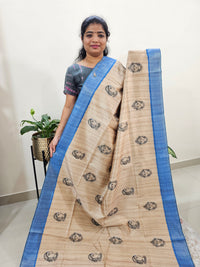 Semi Ghicha Digital Printed Saree - Cream with Blue