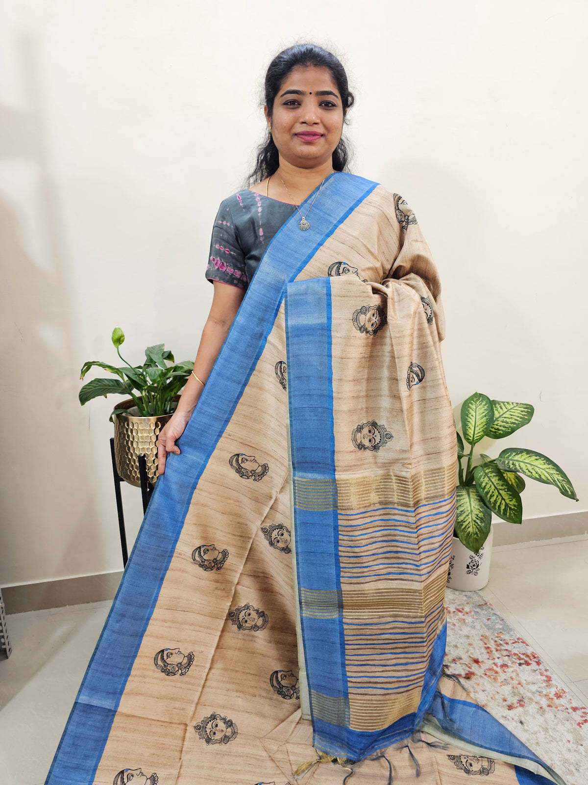 Semi Ghicha Digital Printed Saree - Cream with Blue