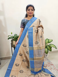 Semi Ghicha Digital Printed Saree - Cream with Blue