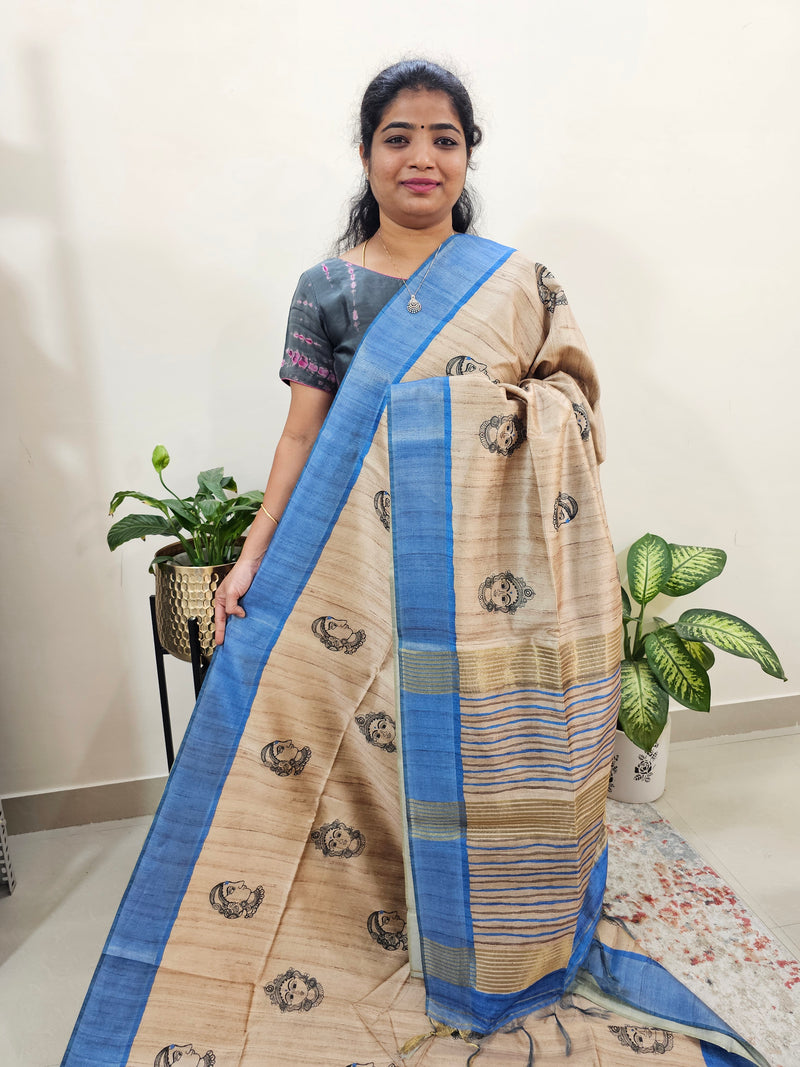 Semi Ghicha Digital Printed Saree - Cream with Blue