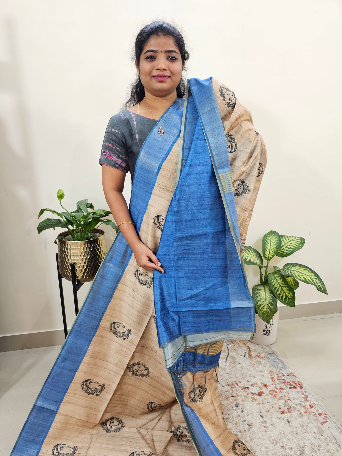 Semi Ghicha Digital Printed Saree - Cream with Blue