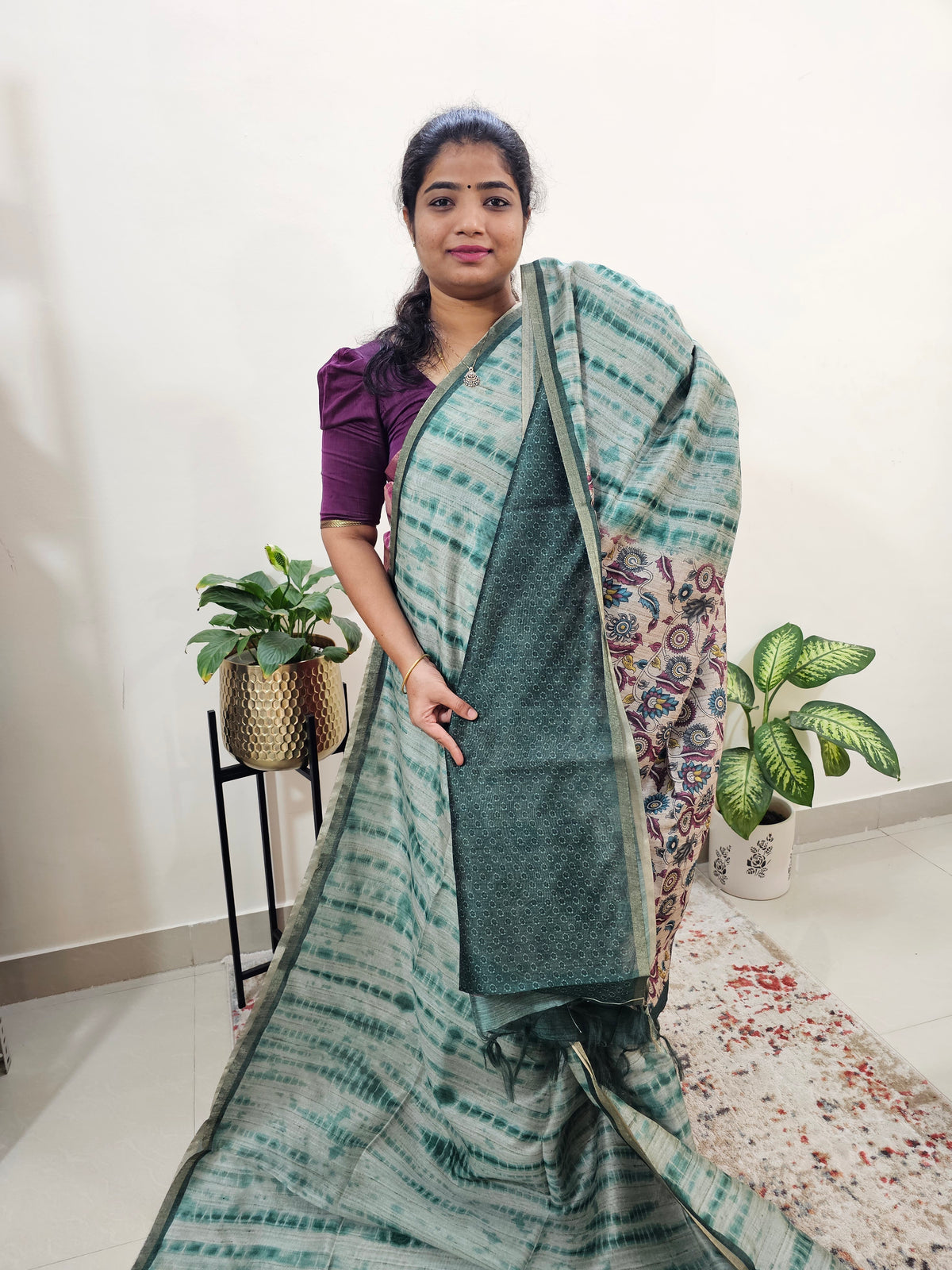 Semi Ghicha Digital Printed Saree - Dark Green