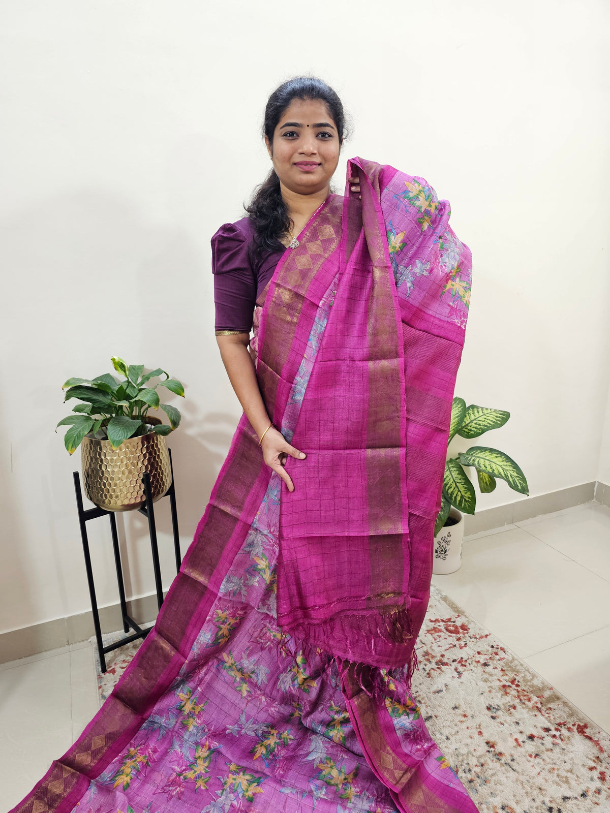 Tussar Silk Saree with Kanchi Border - Pink