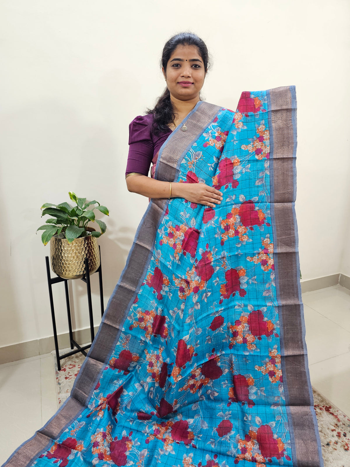 Tussar Silk Saree with Kanchi Border - Blue with Grey