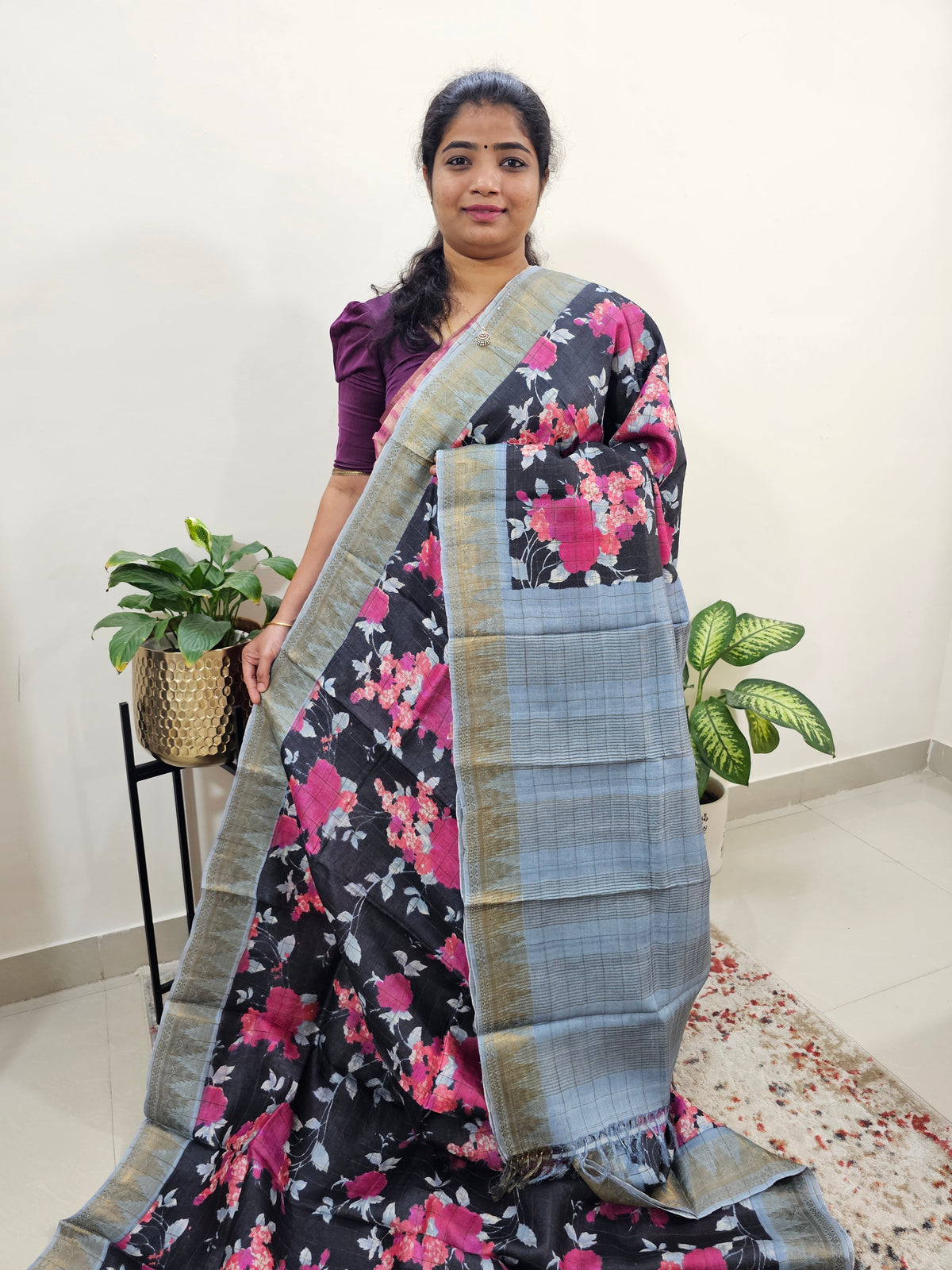 Tussar Silk Saree with Kanchi Border - Black with Grey