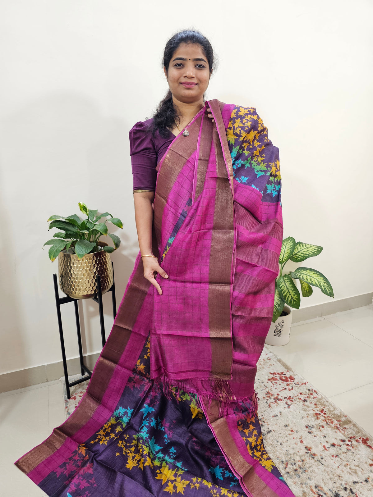 Tussar Silk Saree with Kanchi Border - Purple with Pink