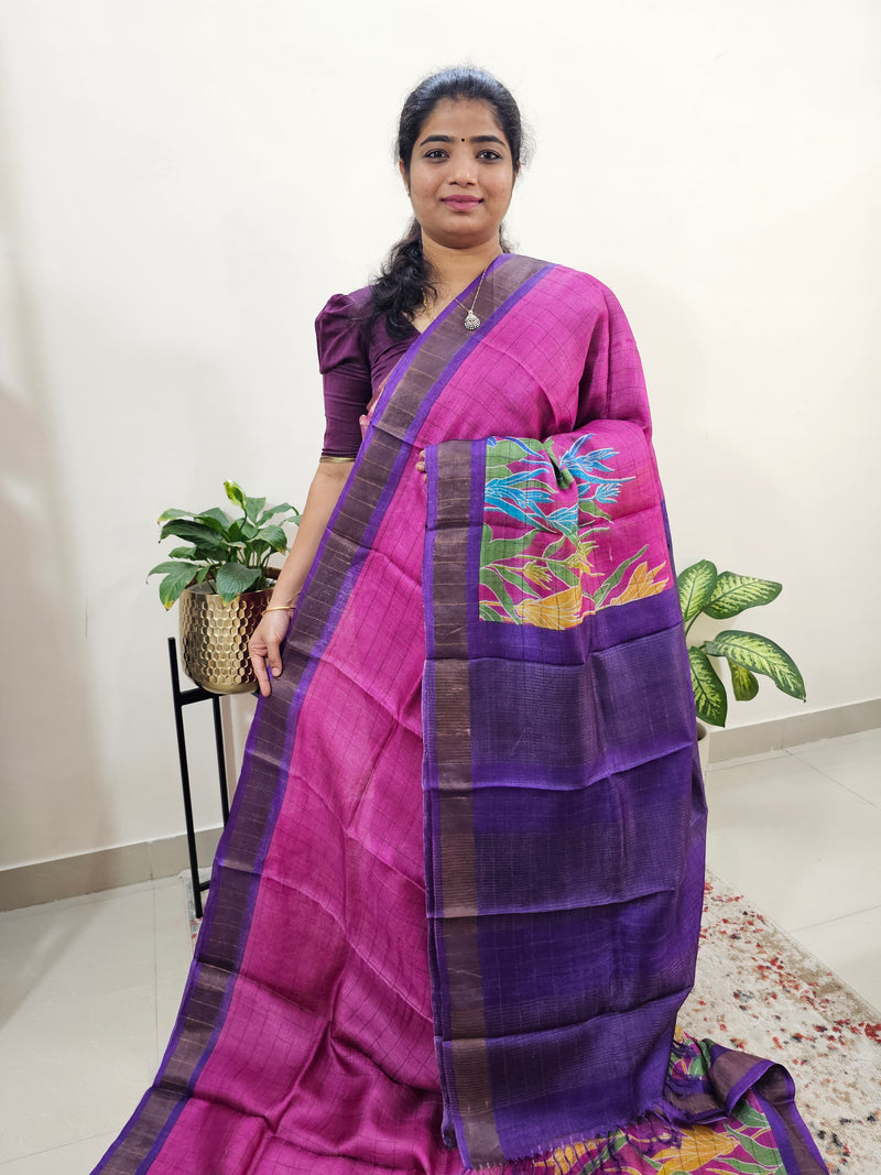 Tussar Silk Saree with Kanchi Border - Pink with Purple