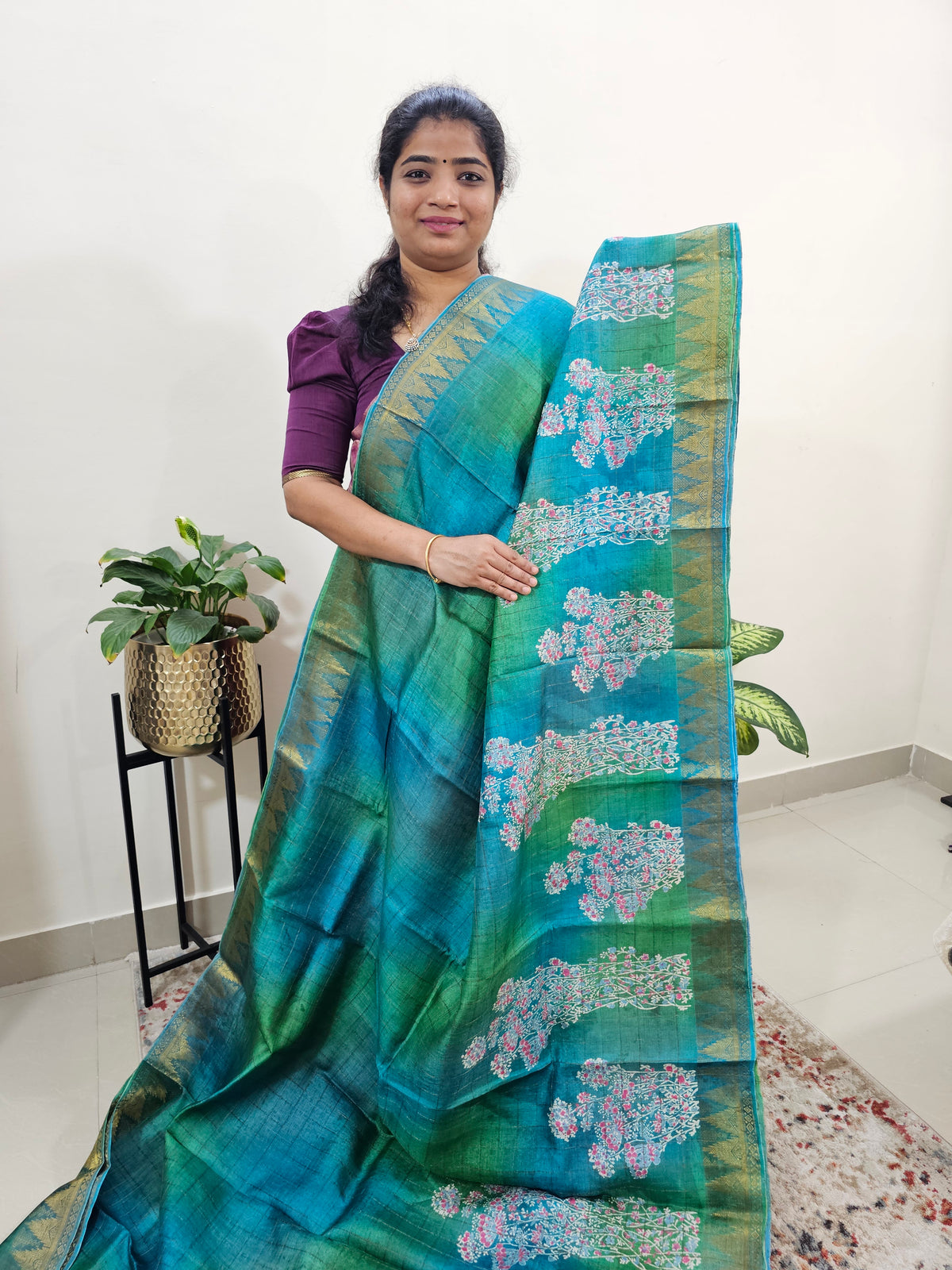 Tussar Silk Saree with Kanchi Border - Green with Blue