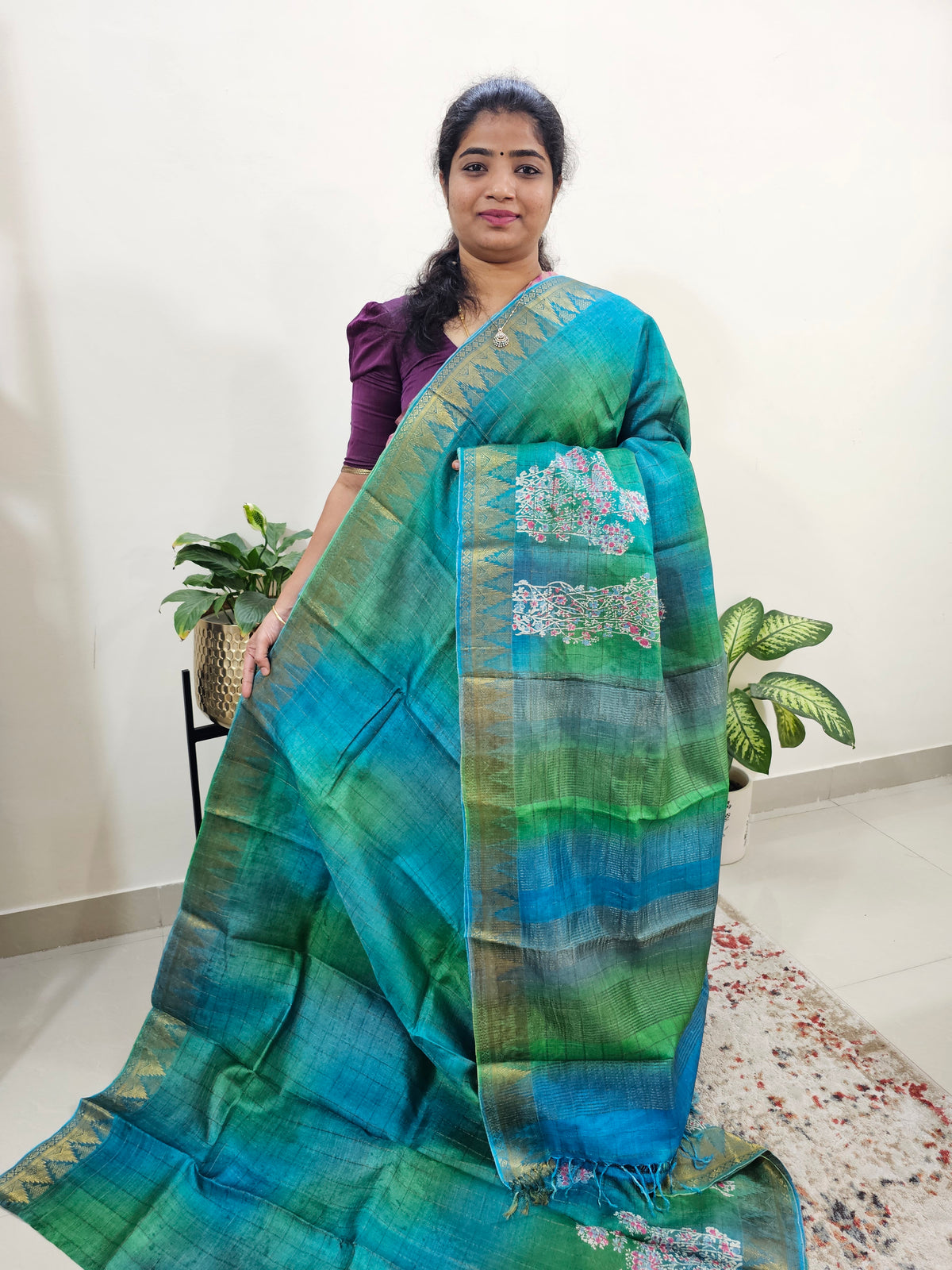 Tussar Silk Saree with Kanchi Border - Green with Blue