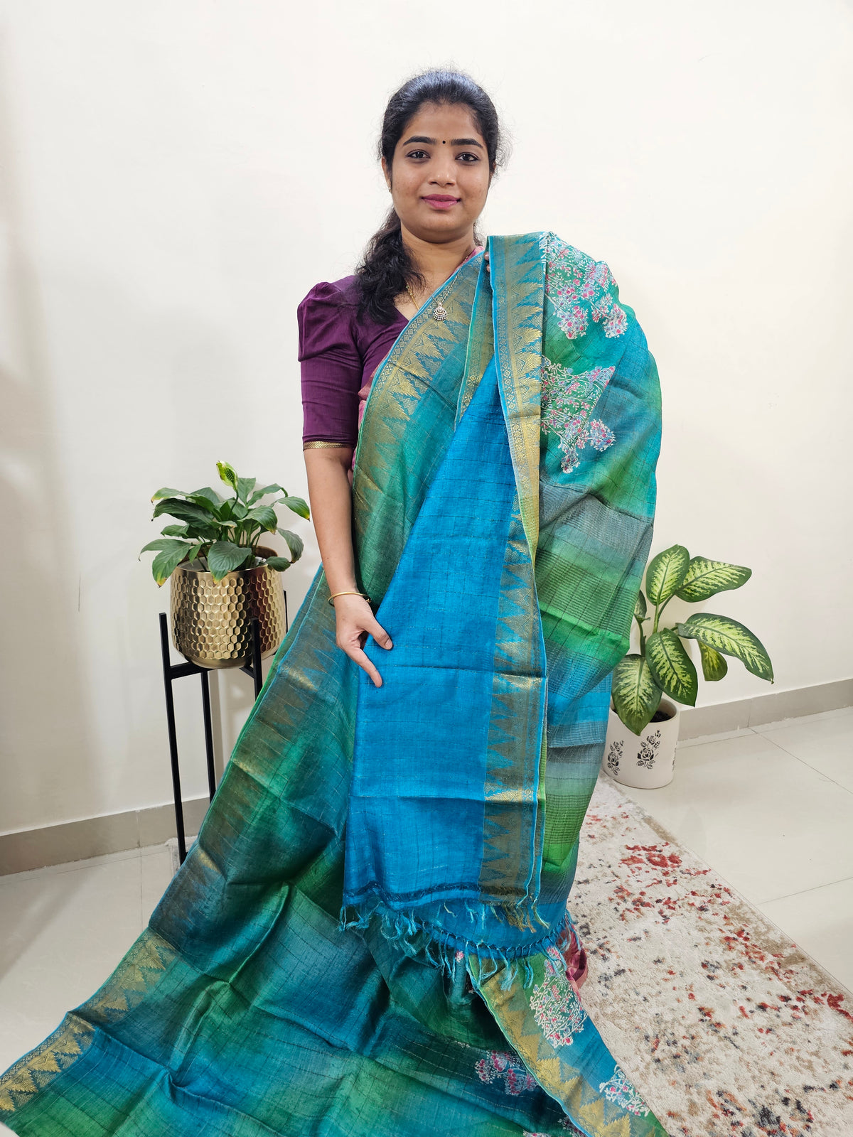 Tussar Silk Saree with Kanchi Border - Green with Blue