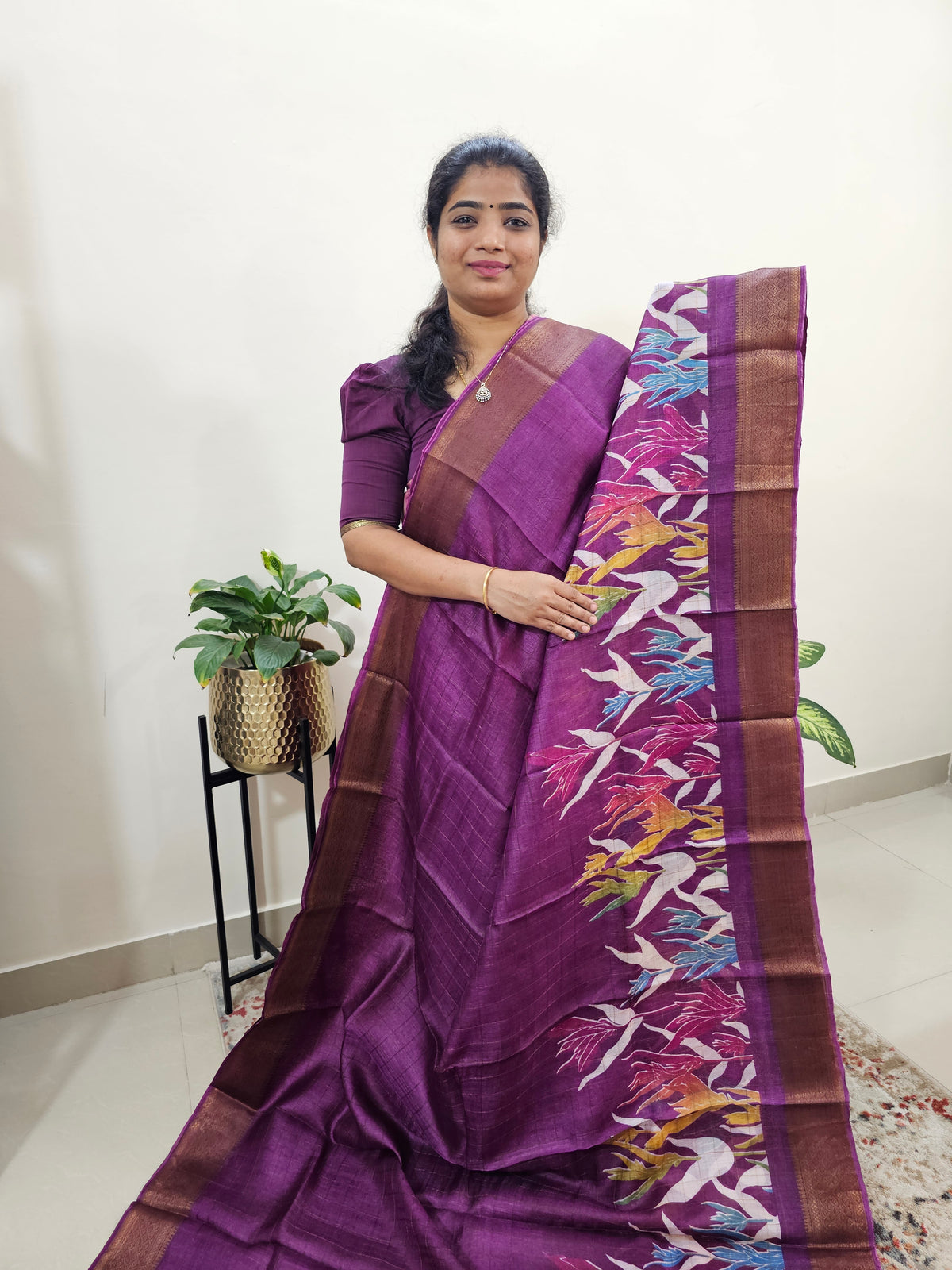 Tussar Silk Saree with Kanchi Border - Magenta Pink