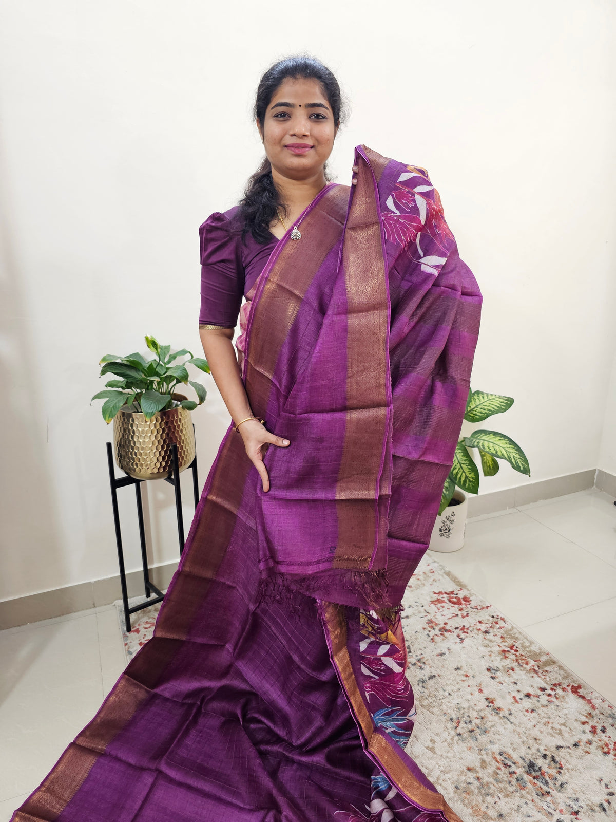 Tussar Silk Saree with Kanchi Border - Magenta Pink