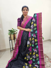 Tussar Silk Saree with Kanchi Border - Black with Pink