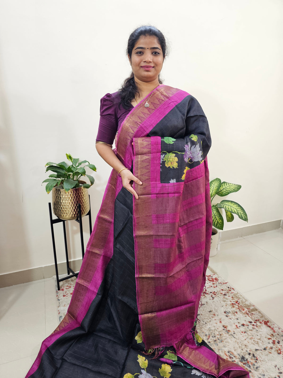 Tussar Silk Saree with Kanchi Border - Black with Pink