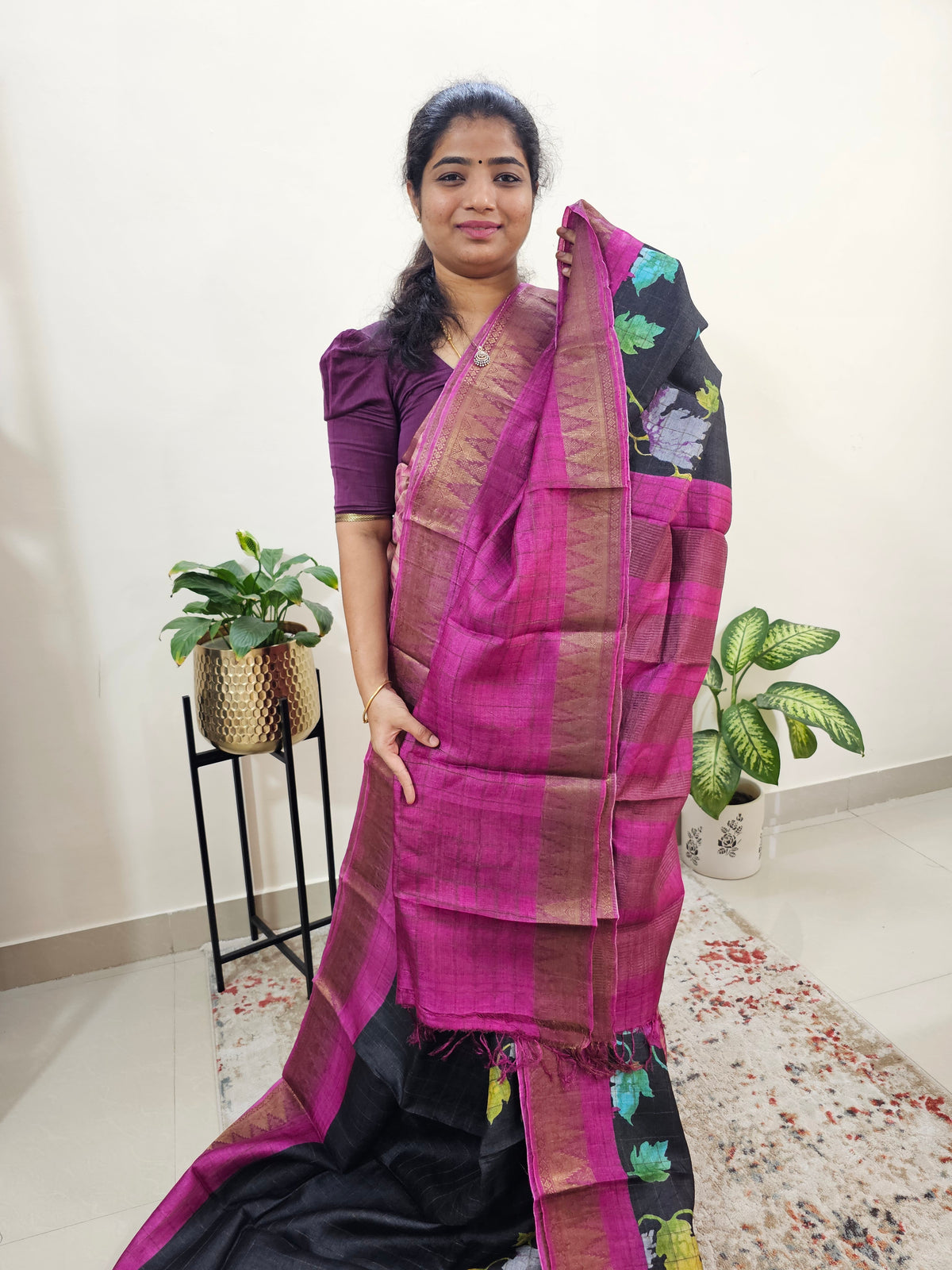 Tussar Silk Saree with Kanchi Border - Black with Pink