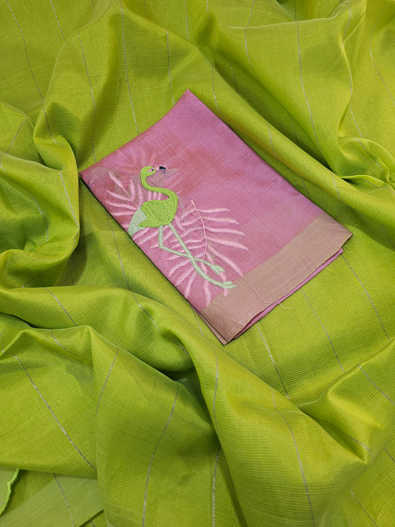 Mangalagiri Silk Cotton - Green with Onion Pink