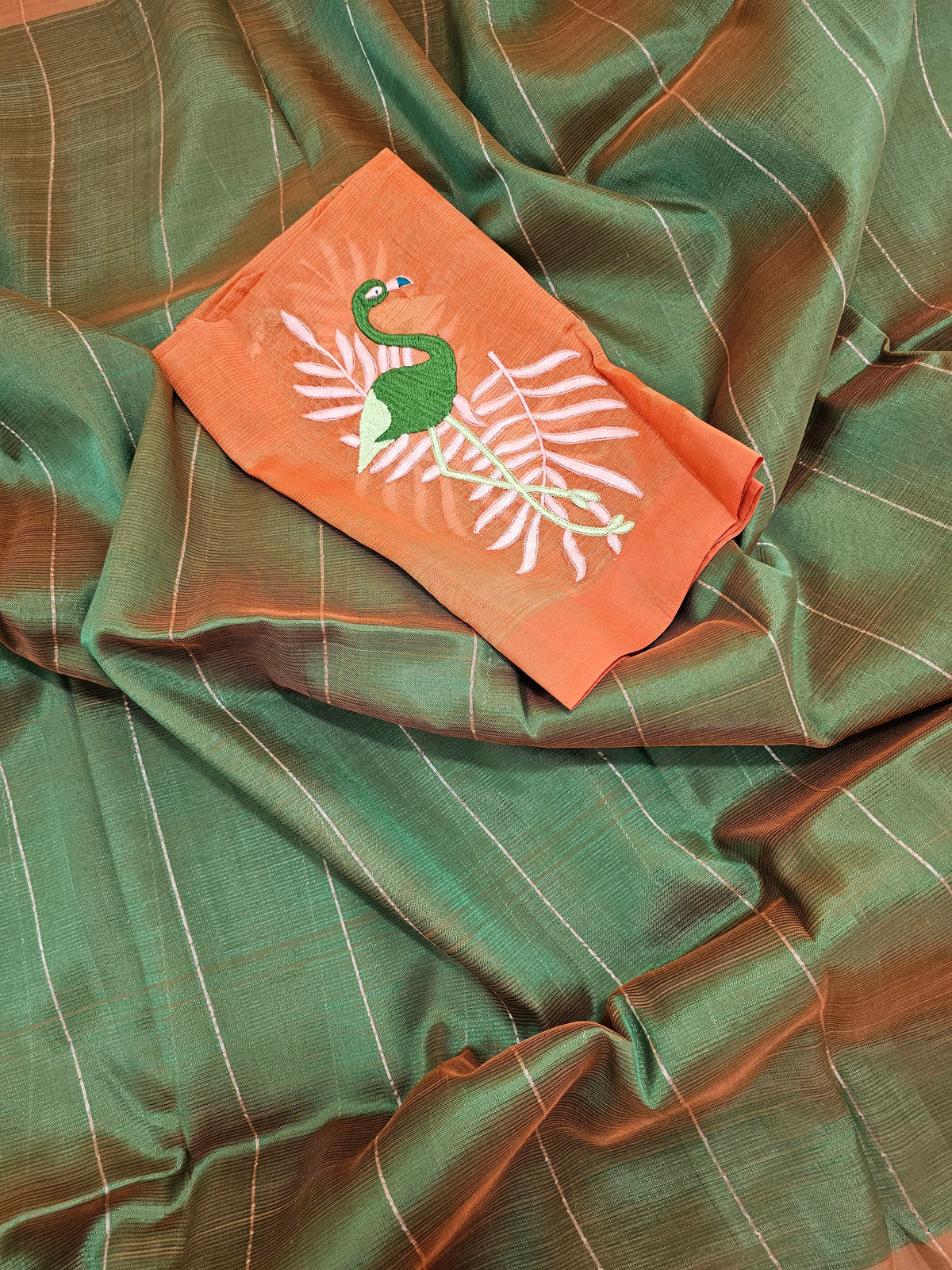 Mangalagiri Silk Cotton - Dark Green with Rust Orange