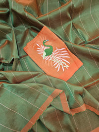 Mangalagiri Silk Cotton - Dark Green with Rust Orange