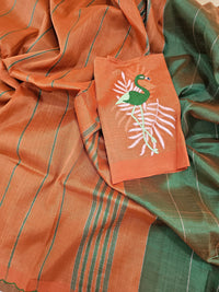 Mangalagiri Silk Cotton - Dark Green with Rust Orange