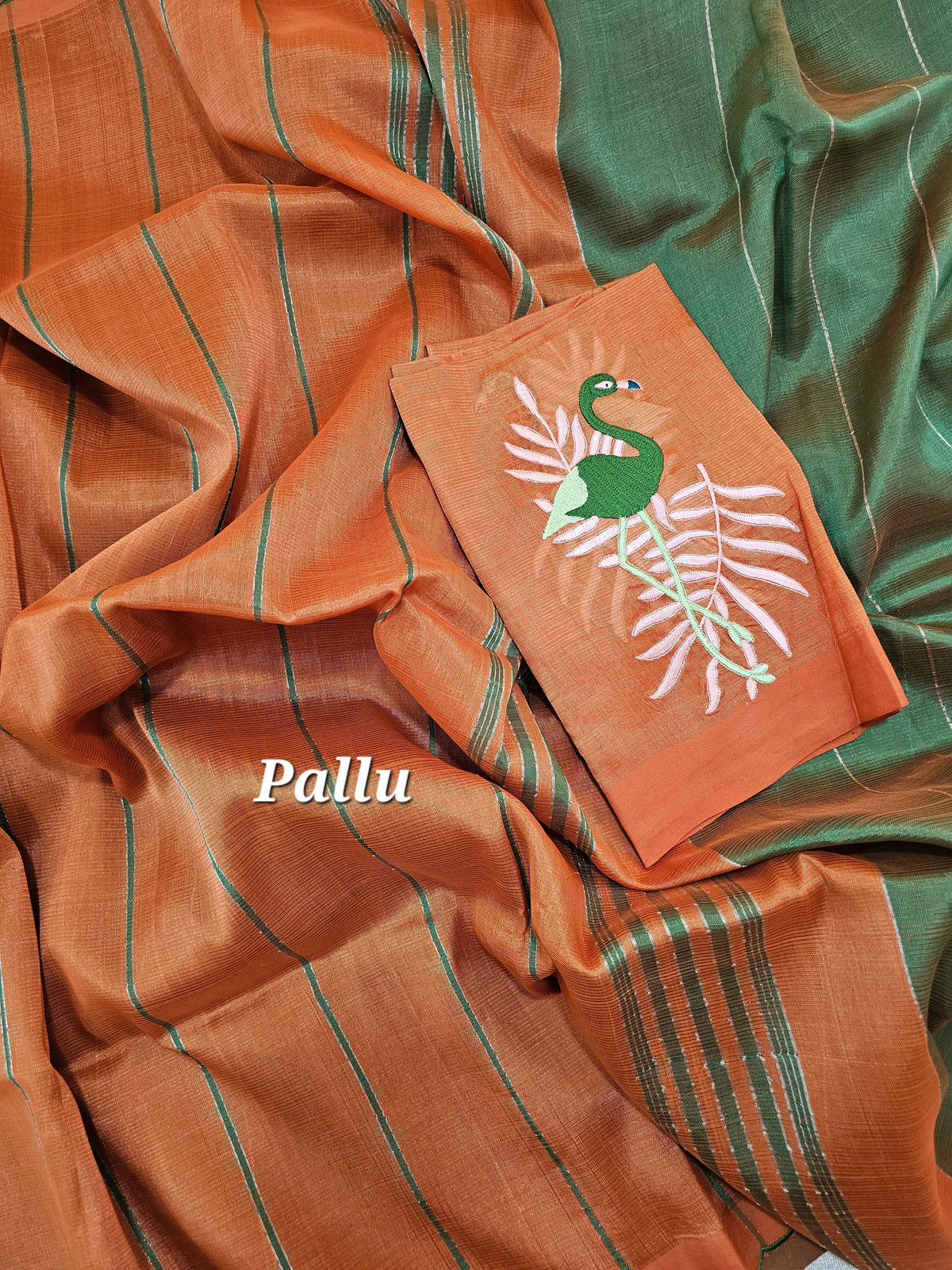 Mangalagiri Silk Cotton - Dark Green with Rust Orange