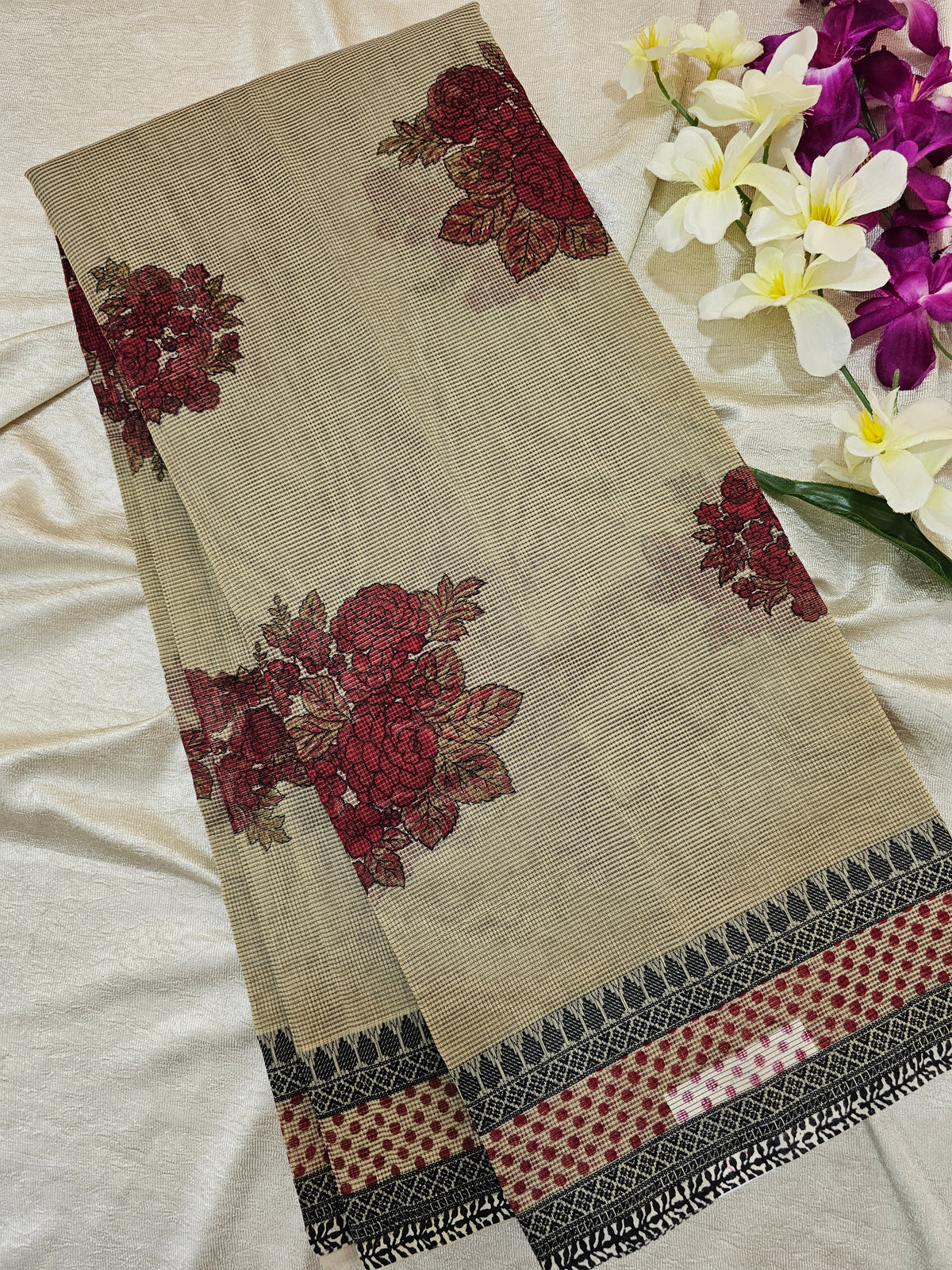 Premium  Super Net Kota Saree - Cream with Red