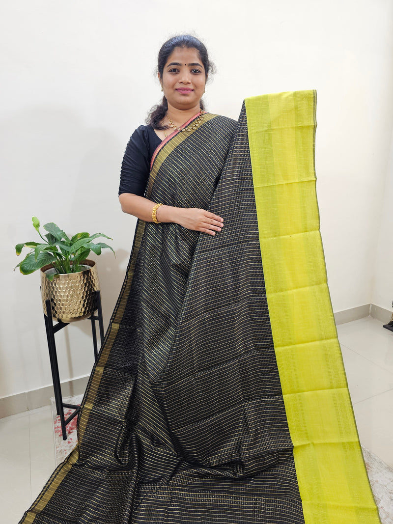 Semi Raw Silk Saree - Black with Lime Yellow