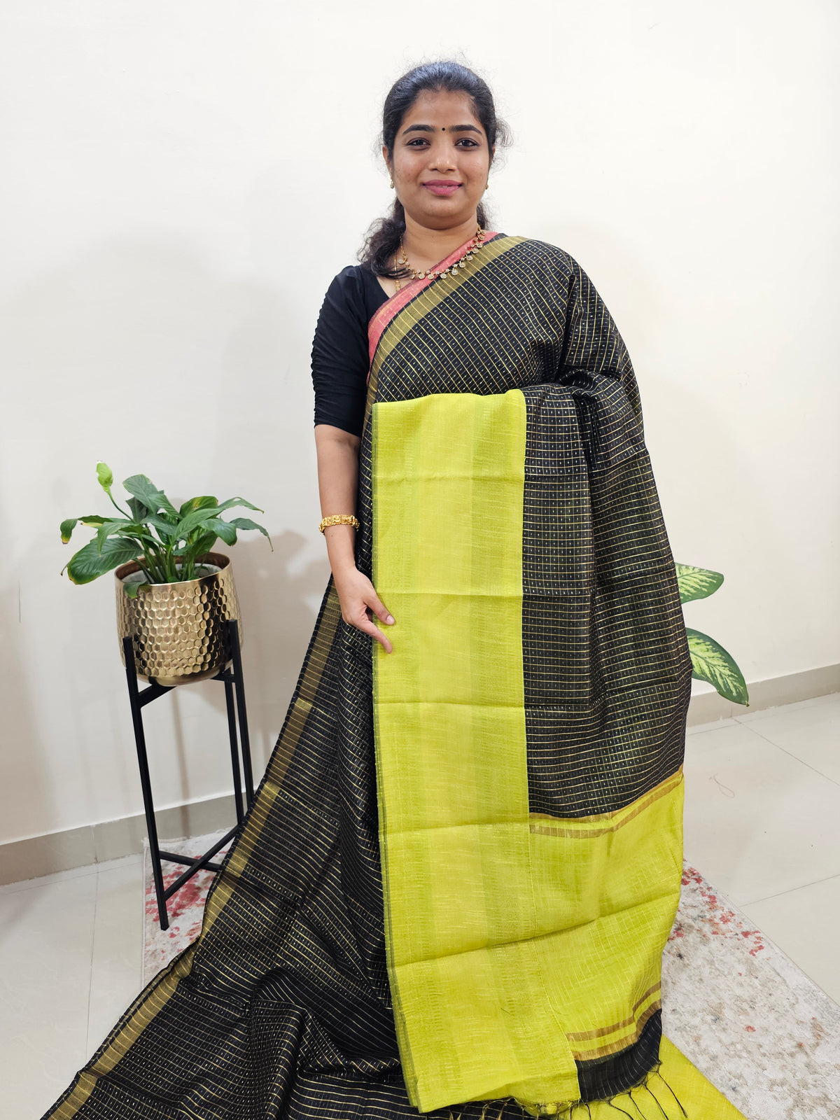 Semi Raw Silk Saree - Black with Lime Yellow