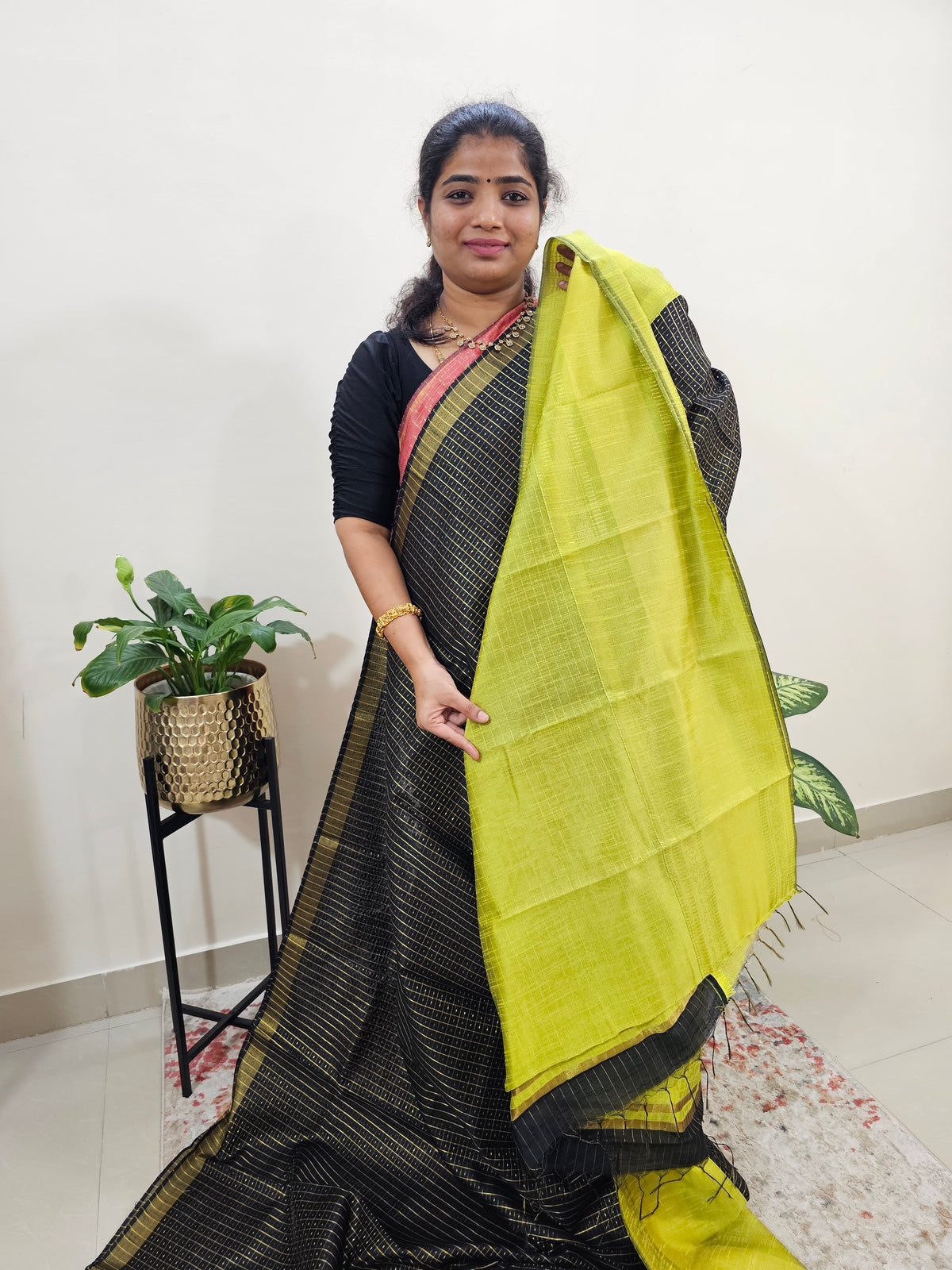 Semi Raw Silk Saree - Black with Lime Yellow