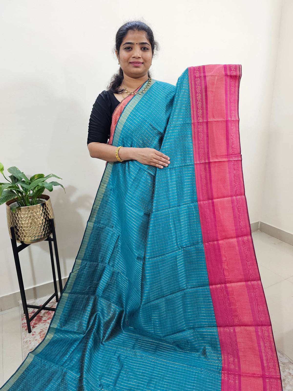 Semi Raw Silk Saree - Peacock Blue with Pink