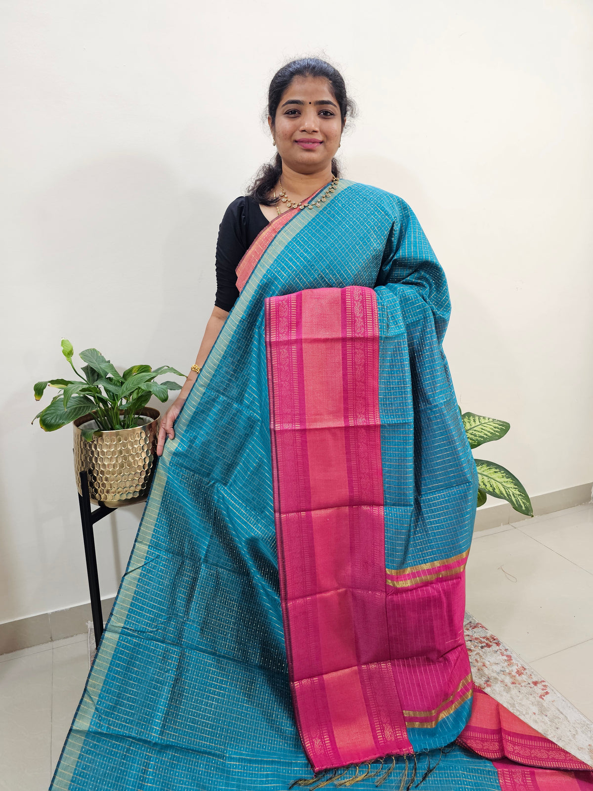 Semi Raw Silk Saree - Peacock Blue with Pink