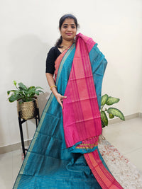 Semi Raw Silk Saree - Peacock Blue with Pink