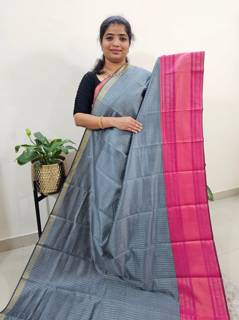 Semi Raw Silk Saree - Grey with Pink