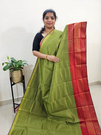 Semi Raw Silk Saree - Green with Red