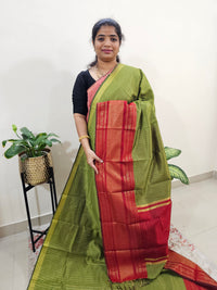 Semi Raw Silk Saree - Green with Red