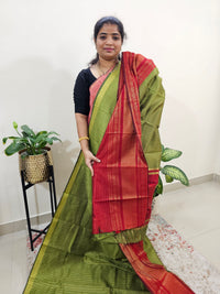 Semi Raw Silk Saree - Green with Red