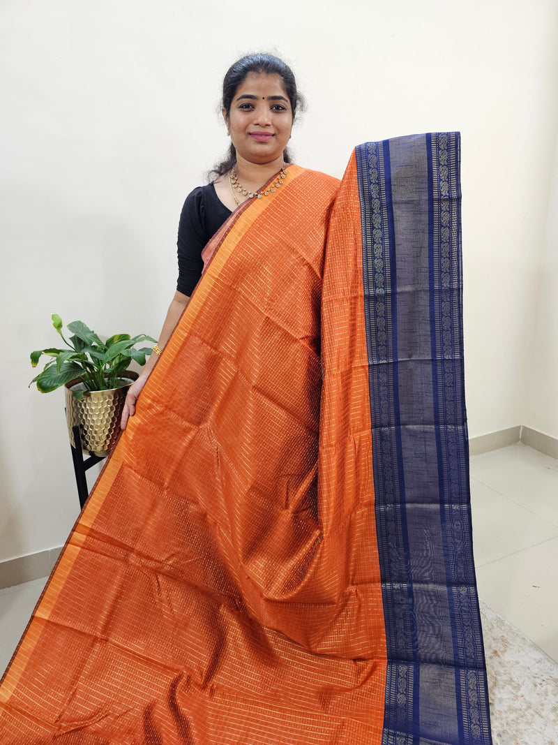 Semi Raw Silk Saree - Orange with Navy Blue