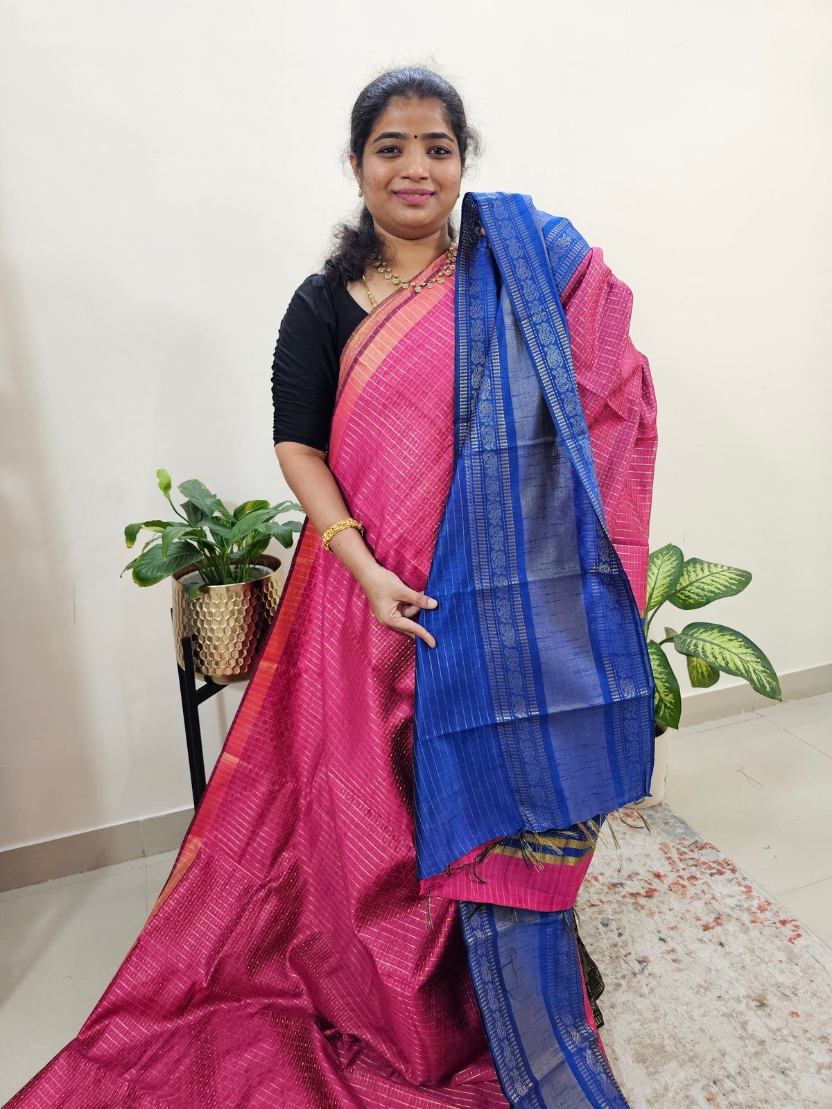 Semi Raw Silk Saree - Pink with Blue