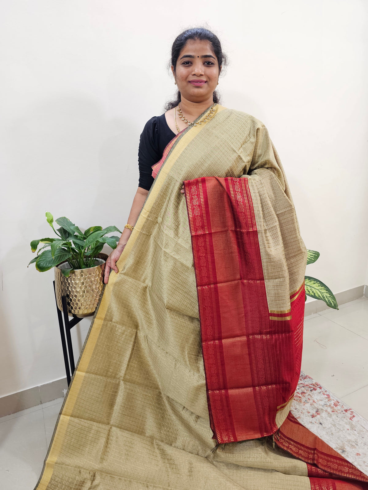 Semi Raw Silk Saree - Beige with Red