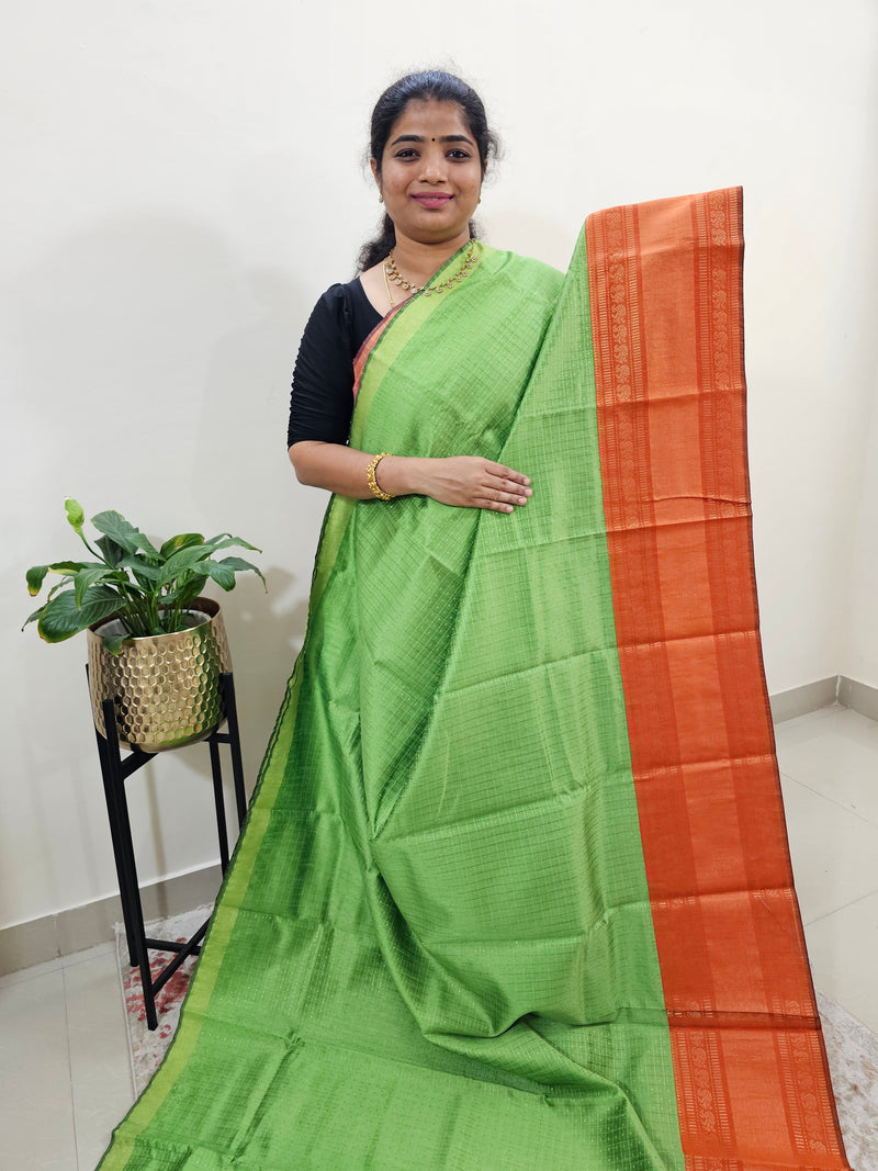 Semi Raw Silk Saree - Green with Orange