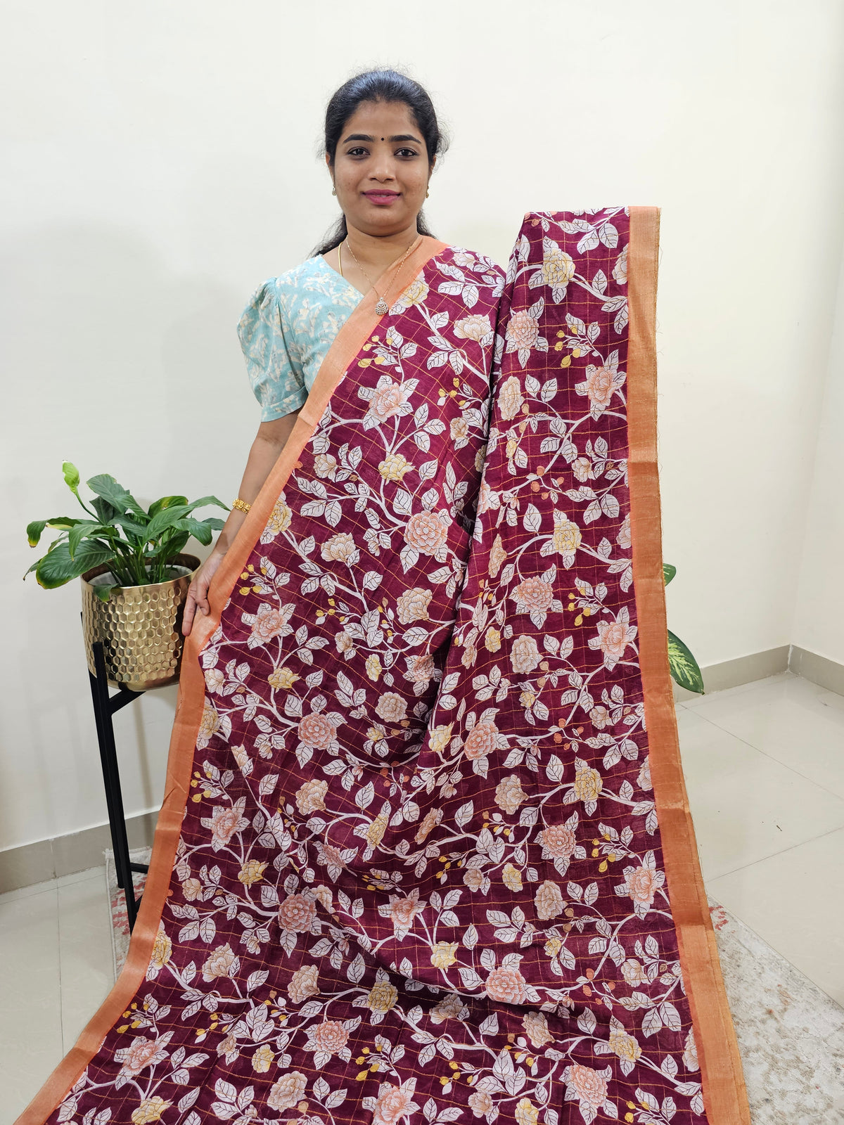 Tussar by Cotton Kalamkari- Maroon with Orange