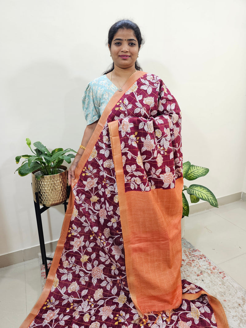 Tussar by Cotton Kalamkari- Maroon with Orange