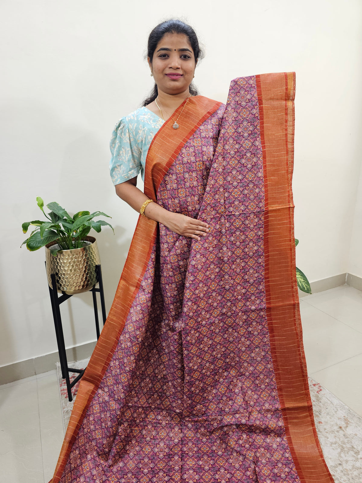 Tussar by Cotton Kalamkari- Pink with Brown