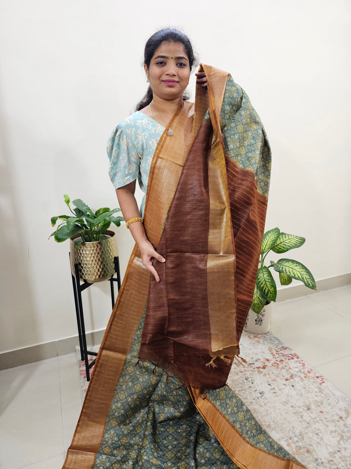 Tussar by Cotton Kalamkari-Green Shade with Brown