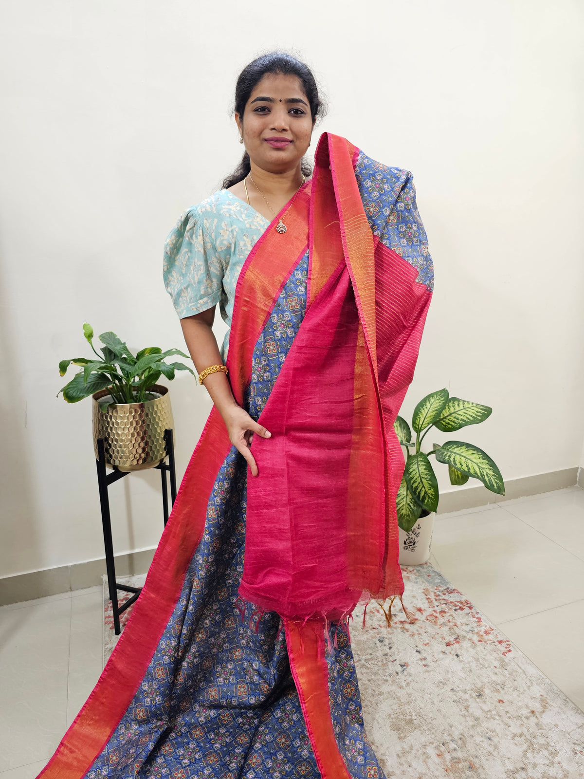 Tussar by Cotton Kalamkari- Blue with Pink