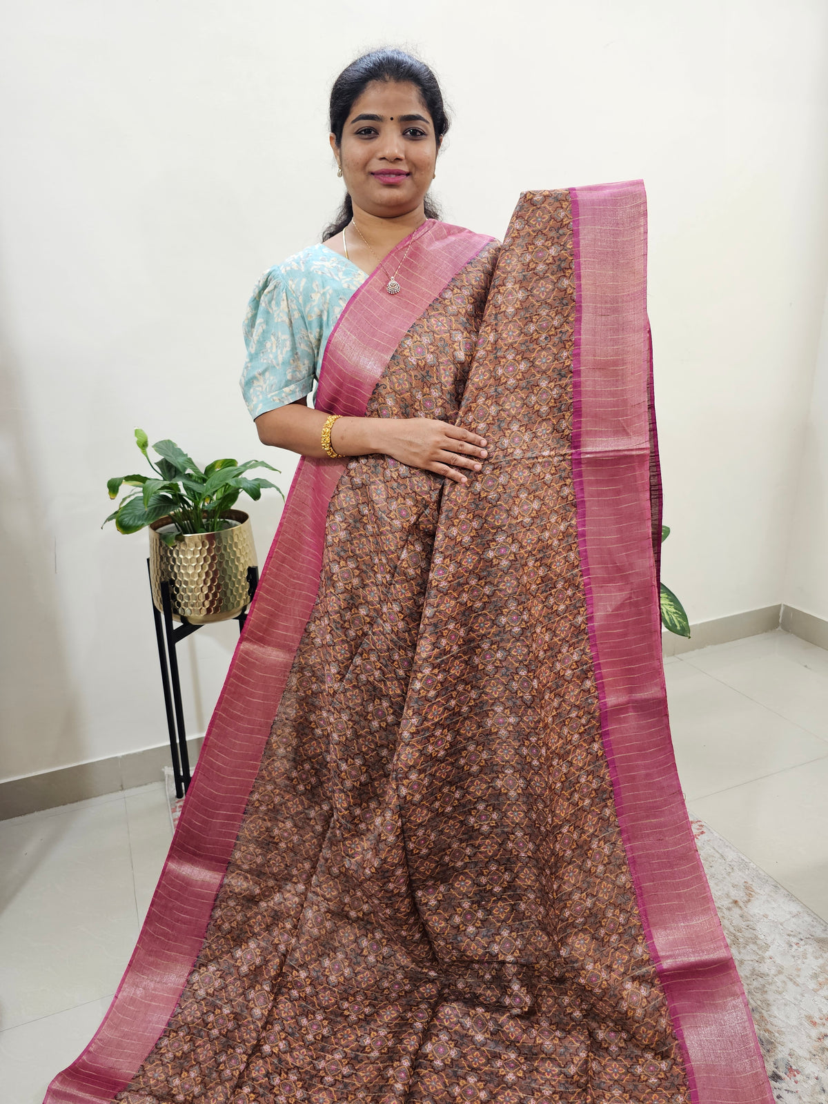 Tussar by Cotton Kalamkari- Brown with Magenta Pink