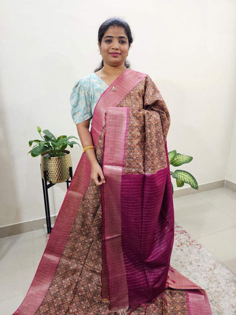 Tussar by Cotton Kalamkari- Brown with Magenta Pink