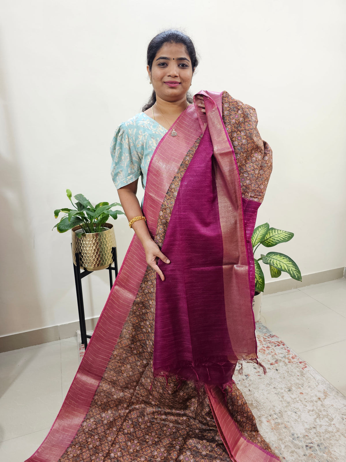 Tussar by Cotton Kalamkari- Brown with Magenta Pink