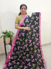 Tussar by Cotton Kalamkari- Black with Pink