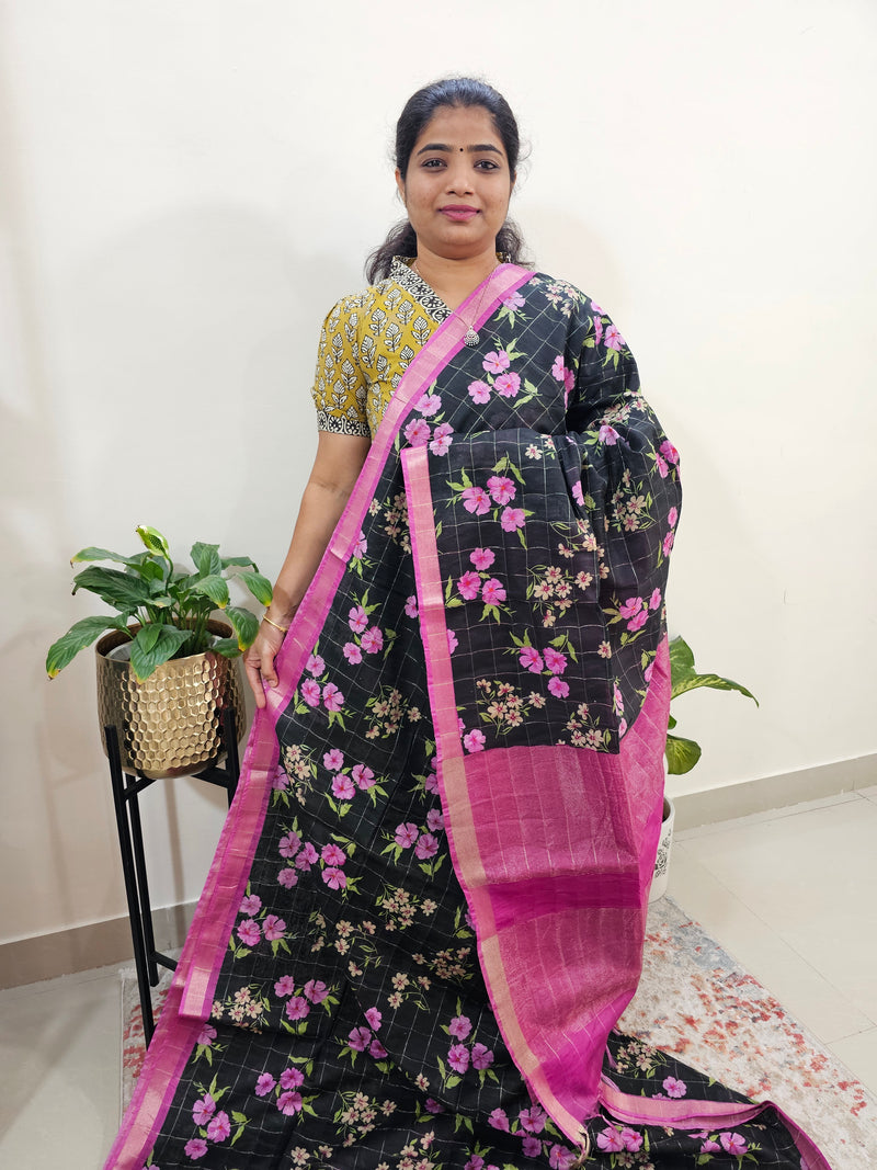 Tussar by Cotton Kalamkari- Black with Pink